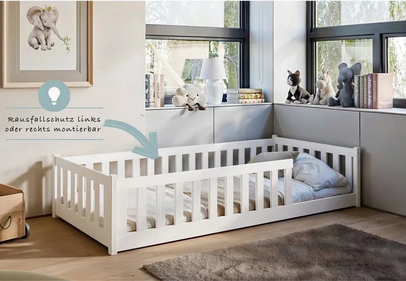 Kids Collective Kinderbett Bodenbett Bett mit Rausfallschutz & Lattenrost Montessori Bett Kinder (Jungen, Mädchen, Kinder, weitere Größen 80x160, 80x180, 90x190, 120x200, 140x200 cm), Jugendbett Gitterbett Einzelbett, weiß Kiefer 90 x 200 cm, Weiß, – Produktbild 5 von 5