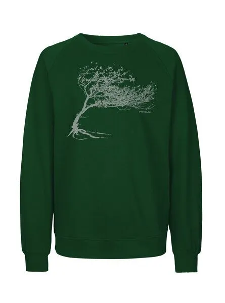 Peaces.bio - handbedruckte Biomode Peaces.bio - handbedruckte Biomode Bio Damen-Sweatshirt Loose Fit Windy Tree, Flaschengrün, – Produktbild 1 von 2