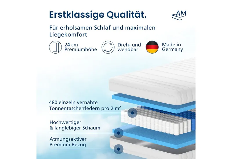 Taschenfederkernmatratze Federkernmatratze, Ergnonomische 7-Zonen Matratze, Tonnentaschenfedern, AM Qualitätsmatratzen, 24 cm hoch, 90x200 cm – Produktbild 3 von 6