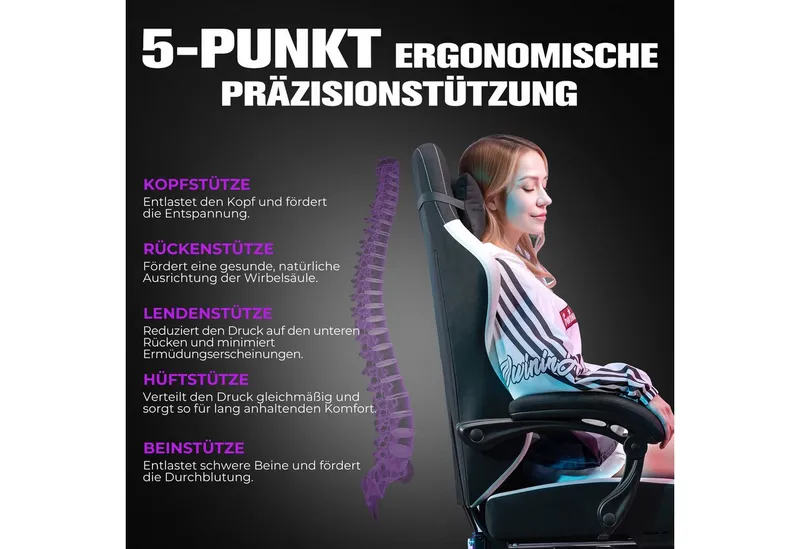 GTPLAYER Gaming-Stuhl Ergonomischer Gaming Sessel Schreibtischstuhl aus Stoff/Kunstleder (Packung), Federsitzkissen mit Fußstütze, Schwarz, – Produktbild 5 von 5
