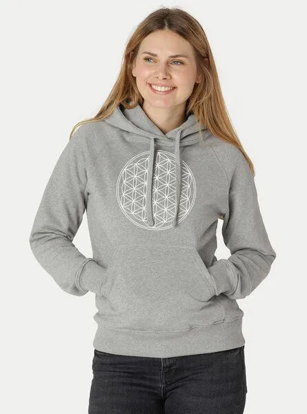 Peaces.bio - handbedruckte Biomode Peaces.bio - handbedruckte Biomode Bio-Damen-Kapuzensweater Die Blume des Lebens, Hellgrau, – Produktbild 2 von 3
