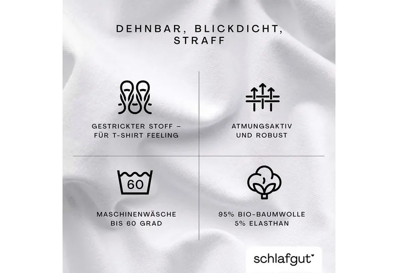Schlafgut Schlafgut Spannbettlaken PURE Bio-Baumwolle mit Elasthan, 170 g/m², Bettlaken, Spannbetttuch, Jersey, Gummizug: rundum, (1 Stück), PREMIUM Laken für Matratzen bis 30cm Höhe, dehnbar blickdicht, straff, Weiß, – Produktbild 4 von 5