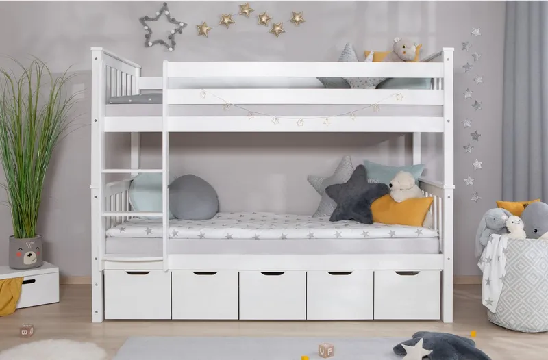TICAA TICAA Etagenbett Sammy (90x200cm), mit Stauraum, umbaubar zu 2 Einzelbetten, Rollrost, Massivholz, Weiß, – Produktbild 4 von 4