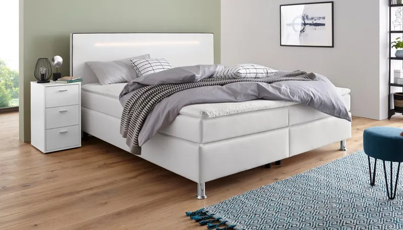 COLLECTION AB Boxspringbett LONDON inkl. Bonnell-Federkernmatratze H2, mit Topper, Kissen & LED, 90/140/180 cm x 200 cm, Schwarz|weiß, – Produktbild 2 von 8