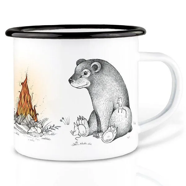 LIGARTI Emaille Tasse – Hirsch, Bär und Fuchs am Lagerfeuer – LIGARTI Tiermanufaktur – Produktbild 1 von 4