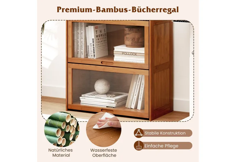 KOMFOTTEU Bücherregal, Vitrinenschrank aus Bambus, mit Türen, Braun, – Produktbild 4 von 5