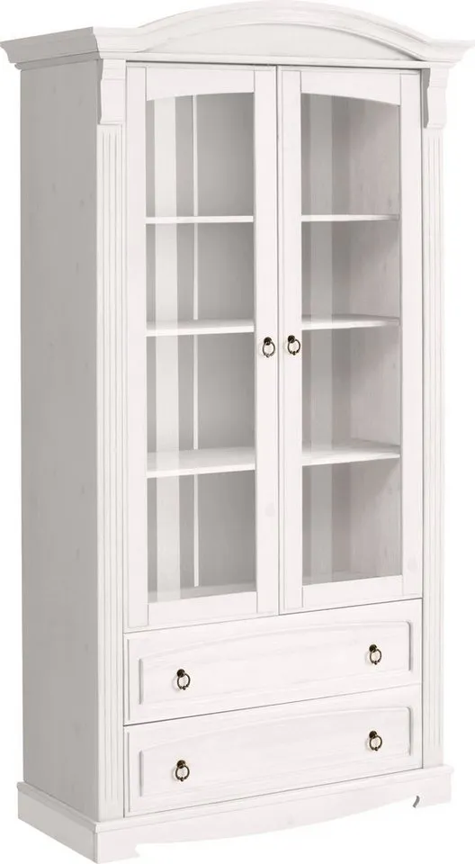 OTTO home Glasvitrine Anna, Standvitrine, Vitrinenschrank, Vitrine (Gesamtmaße (B/T/H): ca. 97/46/188 cm) mit Glastüren, 2 Schubladen, Höhe 188 cm, aus massiver Kiefer, FSC®, Weiß, – Produktbild 2 von 5