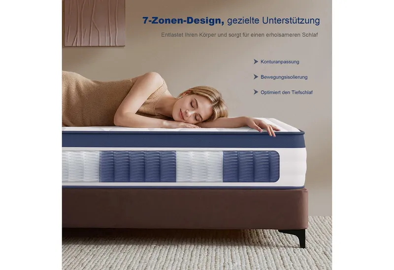 Taschenfederkernmatratze 25 cm Luxus Matratze, 7 Zonen Ergonomische Federkernmatratze H3-Härte, ROYGBIV, 25 cm hoch, (1), Oeko-TEX Zertifiziert, Rückenentlastung, Atmungsaktiv, Hypoallergene, Blau, – Produktbild 5 von 5