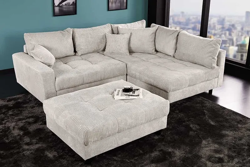 riess-ambiente Ecksofa KENT 220cm beige schwarz - Cord, L-Form, Federkern, FSC-zertifiziert, Einzelartikel 1 Teile, Moderne Wohnlandschaft inkl. Hocker - ideal für Wohnzimmer u. Familien, Beige, – Produktbild 3 von 5