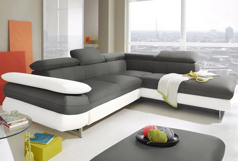 COTTA Ecksofa Solution L-Form, Design Sofa, bequeme Wellenunterfederung, Design Fuß, mit Arm- & Kopfteilverstellung, wahlweise mit Schlaffunktion, Grau|weiß, – Produktbild 2 von 5
