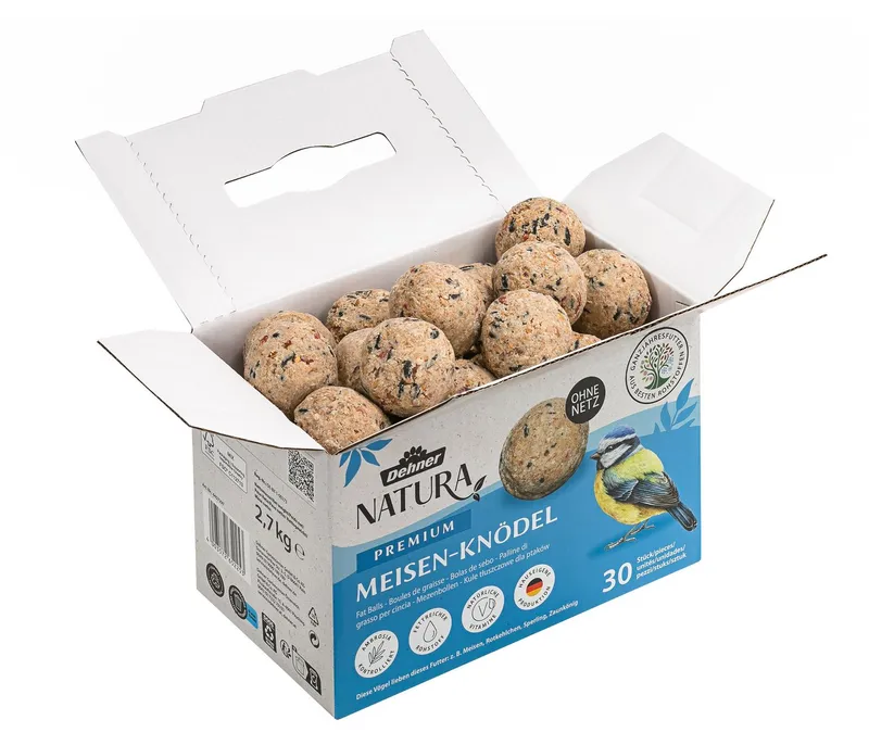 Dehner Natura Große Meisenknödel, ohne Netz, 30 Stück je 90 Gramm (2.7 kg), Hauptfutter für: Gartenvögel, Wildvogel, im Karton, hochwertiges Wildvogelfutter zur ganzjährigen Fütterung – Produktbild 2 von 5