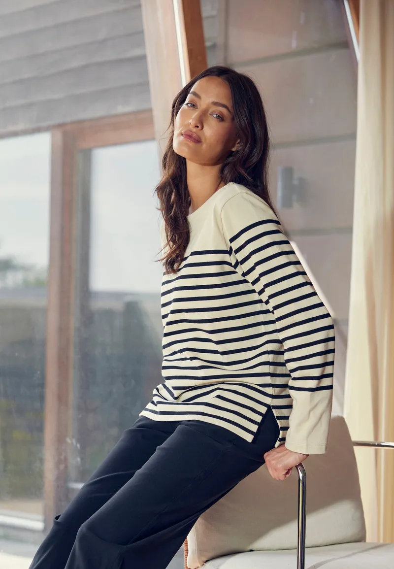 LAURIE LAURIE Damen vegan Top Gabrielle Breton Ls Black Birch Stripe, Beige, – Produktbild 1 von 1