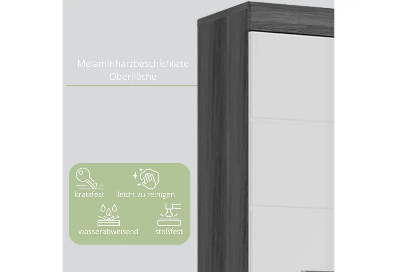 furnling Hängeschrank Scott 2 Türen, 1 offenes Fach, Stauraum, Badmöbel, Badschrank, 74 cm breit, Grau|silberfarben, – Produktbild 5 von 5