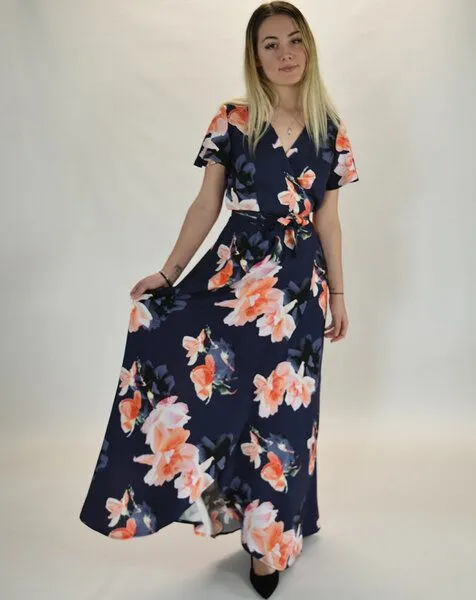 Aatise Aatise Langes Abendkleid im Wickeleffekt Zermonie 100% EcoVero, Blau bedruckt, – Produktbild 2 von 3