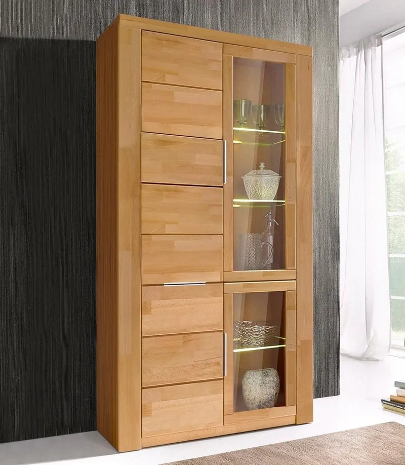 OTTO home Vitrine ZARA 2 Holztüren, 2 Glastüren, 10 Fächer, pflegeleicht, holz geölt B/T/H: 100/40/190cm, Massivholzfronten, Korpus aus Melamin, Braun, – Produktbild 1 von 4