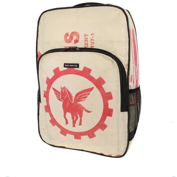 MoreThanHip MoreThanHip Laptop-Rucksack 15,6 Zoll aus recycelten Zement- oder Fischfuttersäcken - Trong, Creme/rot - pegasus, – Produktbild 2 von 4