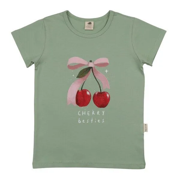 Walkiddy Walkiddy T-Shirt Grün Kirschen-Frontprint Bio-Baumwolle GOTS – Produktbild 1 von 3