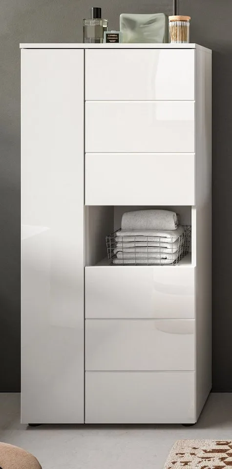 Inn.Furn Badkommode Larik (Bad Midischrank in Weiß Hochglanz, 3-türig, 60 x 131 cm), 9 Fächer für viel Stauraum, Weiß, – Produktbild 3 von 5