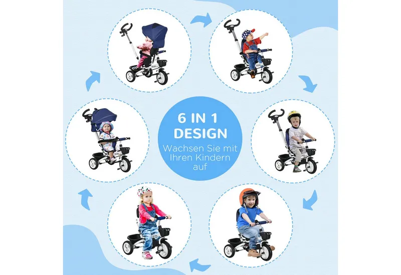 HOMCOM HOMCOM 6 in 1 Dreirad mit Schubstange, Kinderdreirad mit Sicherheitsgurt Blau – Produktbild 5 von 6