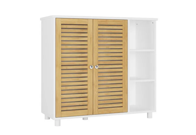 MSMASK Badkommode Badezimmerschrank mit 3 Offenen Regalen und 2 Bambustüren, 77 × 30 × 80 cm, Beige, – Produktbild 1 von 5