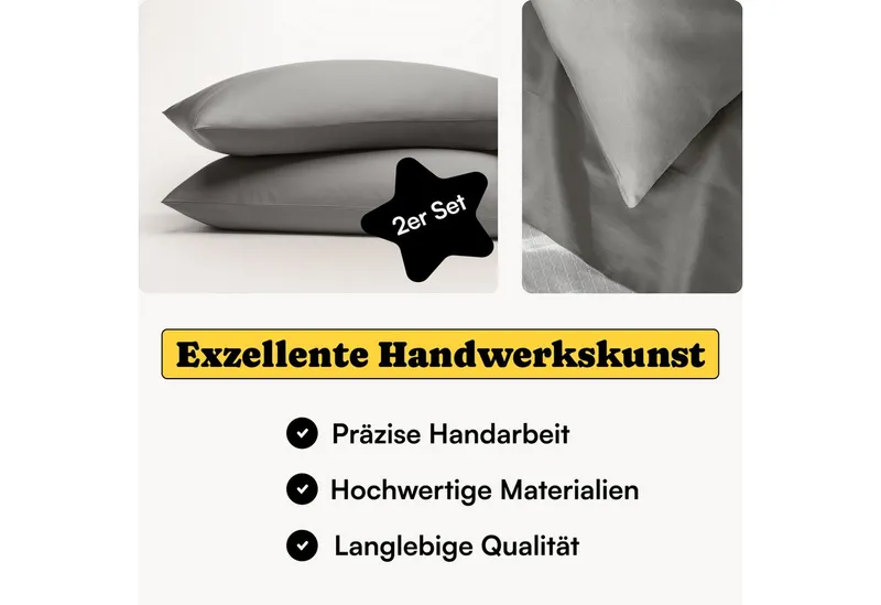Seralino Kissenbezüge Mako Satin Kissenbezug (100% Bio Baumwolle) weich, hautfreundlich, (2 Stück), Fairtrade/ GOTS zertifizierte uni Kissenhülle mit Reißverschluss, Grau|schwarz, – Produktbild 2 von 5