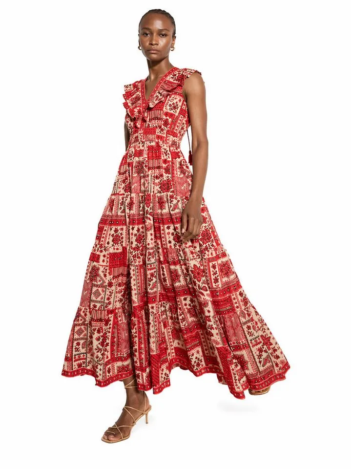 Apricot Apricot Druckkleid Schimmerndes Midaxi-Kleid mit Schalsprint und Stufen, Rot, – Produktbild 3 von 4