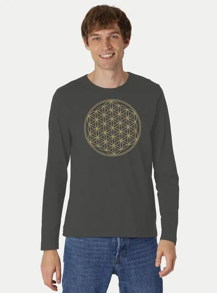 Peaces.bio - handbedruckte Biomode Peaces.bio - handbedruckte Biomode Bio-Herren-Langarmshirt "Die Blume des Lebens", Graphitgrau, – Produktbild 2 von 2