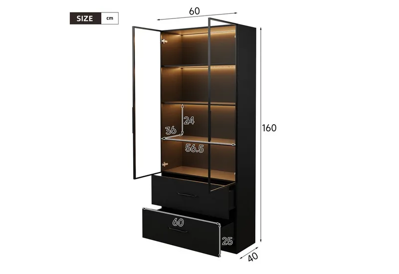 Merax Glasvitrine mit LED-Beleuchtung (60x40x160cm, 1-St., für Wohnzimmer Schlafzimmer) Vitrine mit 2 Schubladen, Hochschrank Stehend Vitrinenschrank, Schwarz, – Produktbild 2 von 4