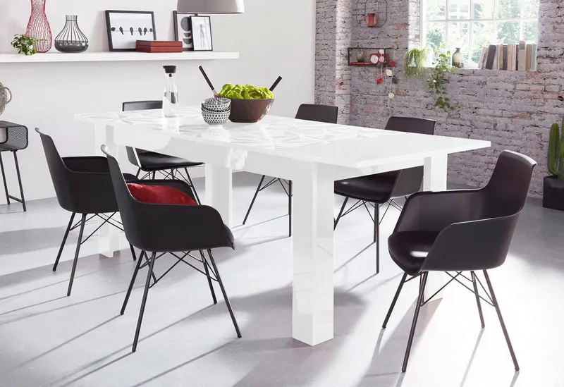 Home affaire Esstisch Prisma 137x90 cm, Esszimmertisch, ausziehbar, erweiterbar auf 185 cm, rechteckig,Tischplatte Stärke 22 mm u. mit elegantem Siebdruck, Weiß, – Produktbild 4 von 5