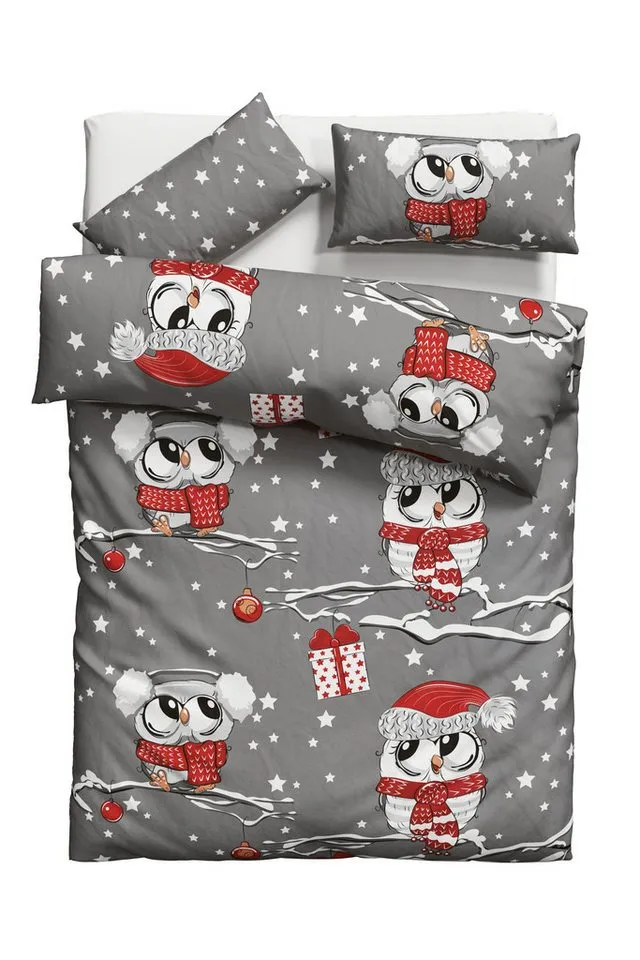 OTTO home Bettwäsche Janina Weihnachtsbettwäsche ab Gr. 135x200, Linon, 2 teilig, 100% Baumwolle, mehrere Winterdesigns für Weihnachten: Eule, Teddy, Grau, – Produktbild 3 von 7