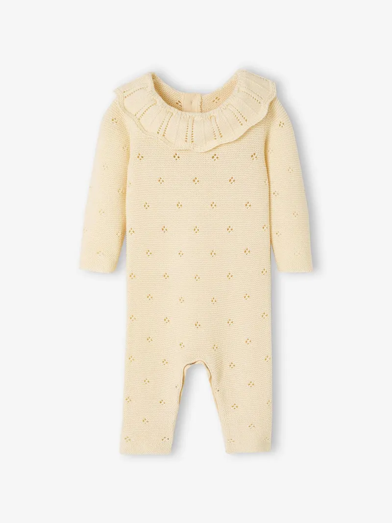 Vertbaudet Vertbaudet Baby Overall aus Pointelle-Strick 100% Bio-Baumwolle GOTS-zertifiziert, Wollweiß, – Produktbild 1 von 3