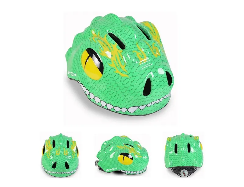 Byox Kinderhelm Y27 Dino, Größe S 48-54 cm, LED-Beleuchtung, 4 Löcher, einstellbar, EPS-Schale, Grün, – Produktbild 1 von 5