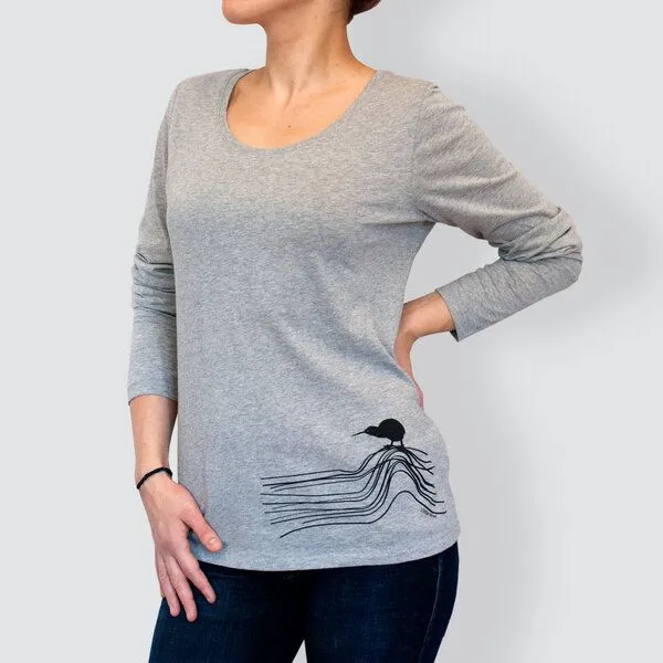 little kiwi little kiwi Damen Longsleeve, "Kiwis Abenteuer", Grau - heather grey, – Produktbild 1 von 3