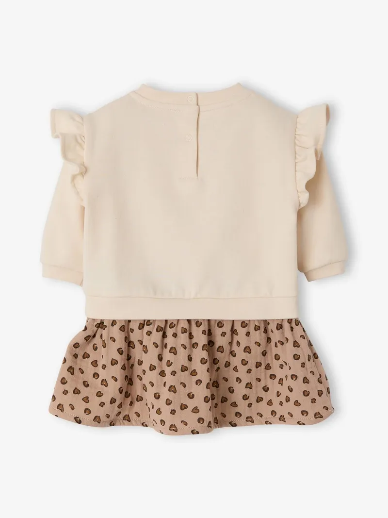 Vertbaudet Vertbaudet 2-in-1 Baby Sweatkleid mit Musselinrock, Hellbeige/braun leo, – Produktbild 4 von 4