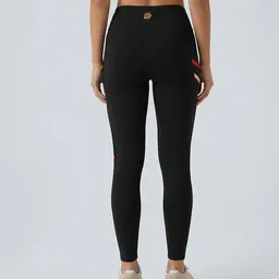 KiiGO Damen Lauf-Leggings aus Biobaumwolle und Roica Elasthan - Schwarz/Rot-Peach – Produktbild 1 von 1
