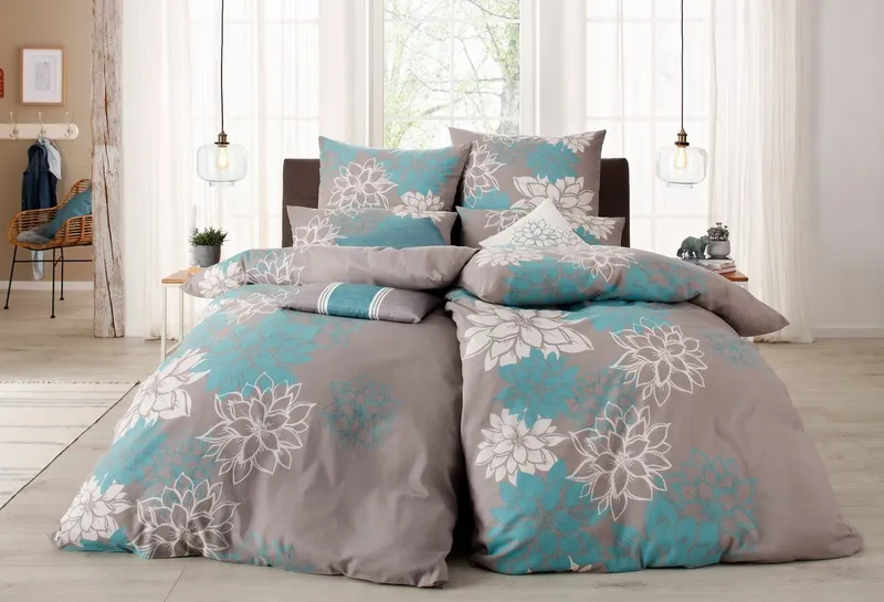 OTTO home Bettwäsche Susan in Gr. 135x200 oder 155x220 cm, Biber, 2 teilig, in verschiedenen Qualitäten, romantische Bettwäsche mit Blumen, Blau|grau, – Produktbild 4 von 5