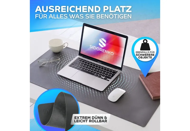 MAXLVL Gaming Mauspad Schreibtischunterlage - Mauspad mit Vernähte Kanten - abwaschbar (80x40 cm, Schreibtisch Unterlage für Büro), Tischunterlage Schreibtisch aus PU-Leder, Grau, – Produktbild 2 von 8
