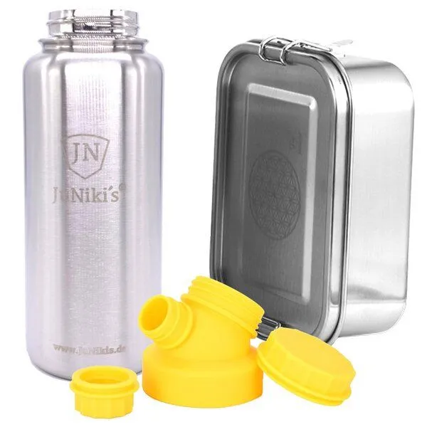 JN JuNiki's JN JuNiki's Set "Blume des Lebens": Lunchbox + 1 Liter isolierte Edelstahltrinkflasche, Gelb, – Produktbild 1 von 4