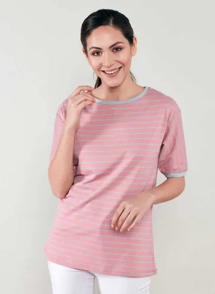 ORGANICATION ORGANICATION Gestreiftes Rundhals 1/2 Arm T-Shirt aus Bio-Baumwolle, Peachy & grey, – Produktbild 1 von 4