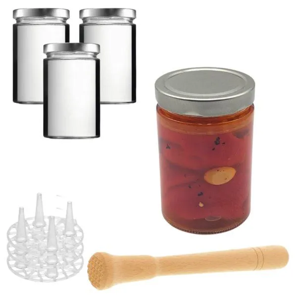 mikken mikken Fermentier Set - 4 Fermentiergläser 580 ml mit Fermentier Gitter, Holzstößel und Deckel (PVC-frei) – Produktbild 2 von 4