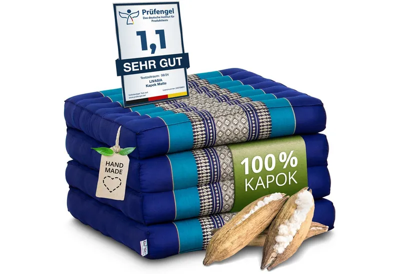 Klappmatratze 50 cm breit (Classic) - 200x50x8cm - Faltmatratze, livasia, 8 cm hoch, Kapok, vegan, handgefertigt, Blau, – Produktbild 1 von 5
