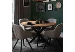bene living bene living Esszimmer-Set Massivholztisch Avola und 4er Set Diningsessel Matera hellgrau, (5-teiliges Möbelset mit Esstisch und vier Sesseln, 5-St., Möbelset, bestehend aus rundem Esstisch und vier Sesseln), runder Mangoholz-Esstisch - FSC®-zertifizierte Polstersessel – Produktbild 1 von 1