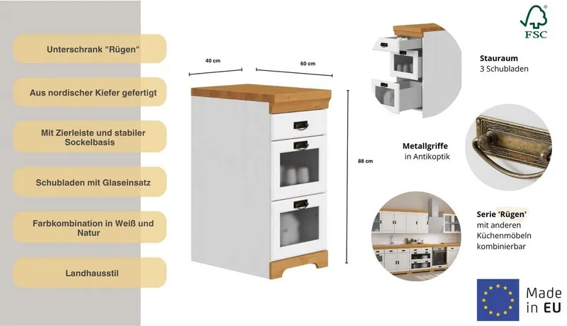 OTTO home Unterschrank Rügen Breite 40 cm, FSC® zertifiziert, Schubkästen mit Glaseinsatz, Weiß, – Produktbild 3 von 5