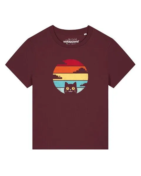 watapparel watapparel T-Shirt Frauen Retro Sunset Cat, Burgundy, – Produktbild 1 von 2