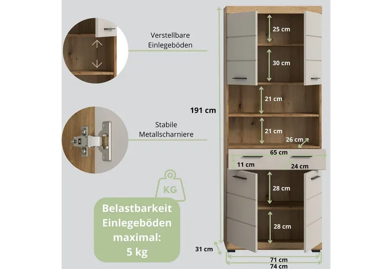 furnling Hochschrank Scott 4 Türen, 1 Schublade, 2 offene Fächer, Badmöbel, Badschrank, Grau, – Produktbild 3 von 4