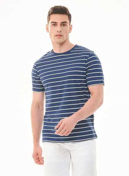 ORGANICATION ORGANICATION Gestreiftes T-Shirt aus Bio-Baumwolle und Leinen, Blau(navy), – Produktbild 1 von 4