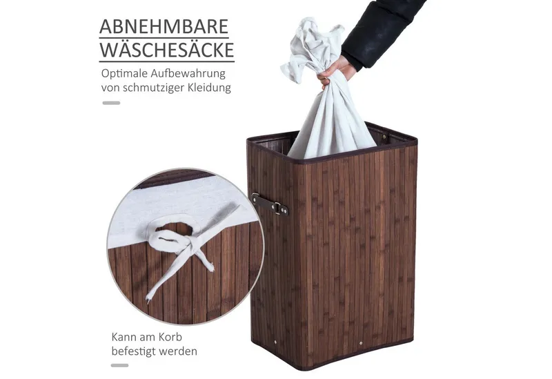 HOMCOM HOMCOM Wäschekorb schmal Wäschesammler mit Griff, für Schlafzimmer & Bad, Schwarz (Wäschekorb, 1 St., Wäschebox), Bambus, faltbar, 72L, Dunkelbraun, 40 x 30 x 60 cm, Braun, – Produktbild 4 von 4
