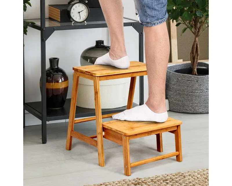 COSTWAY COSTWAY Klapptritt faltbar Klapphocker Holz, 2-Stufen, Bambus bis 100kg, 45x51x48cm, Beige, – Produktbild 2 von 5