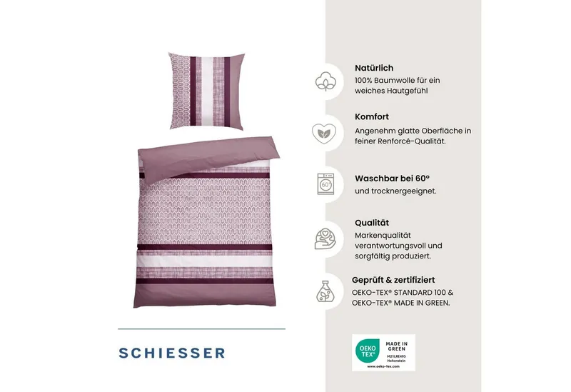 Schiesser Schiesser Bettwäsche Siena aus weicher Baumwolle mit aufwendigem Muster, Renforcé, 2 teilig, OEKO-TEX® MADE IN GREEN, Rot, – Produktbild 1 von 5