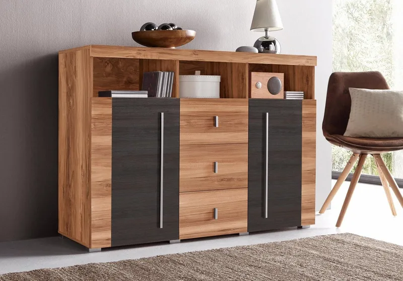 OTTO home Sideboard Roger,Breite 132cm, stilvolle Schrank, 2 Holztüren 3 Schubladen, Kommode mit viel Stauraum, Einlegeböden verstellbar, Braun, – Produktbild 4 von 5